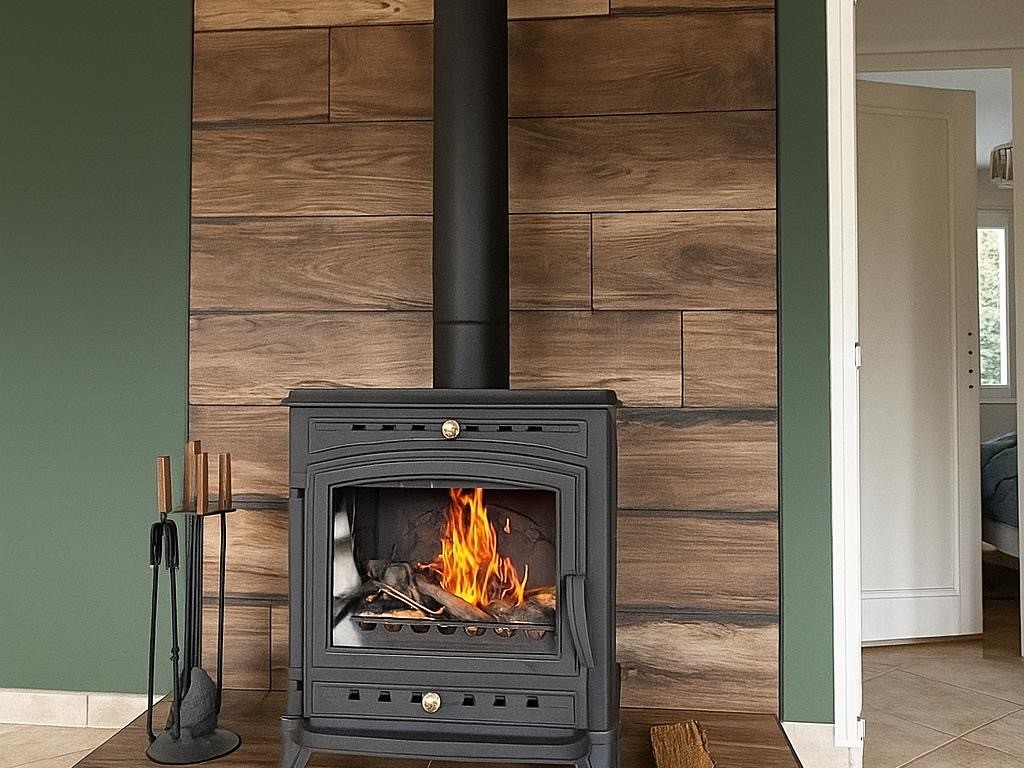 Poêle à bois moderne sur fond de bois.